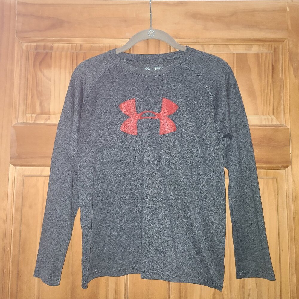 Boys Under Armour Loose Heatgear Gray/Red Long Sleeve Shirt